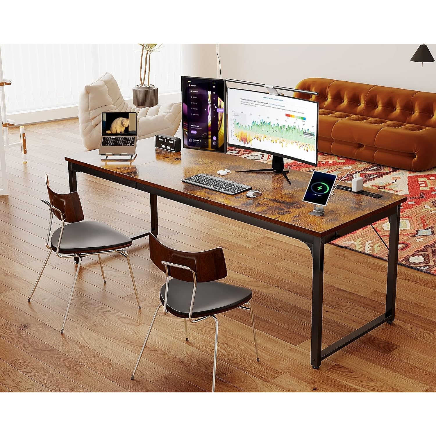 Coleshome 71 Inch Computer Desk With Usb Ports, Large Office Desk, Long Study Student Writing Desk, Rustic Brown