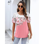 Zeagoo Womens Short Sleeve Tops Floral Boho Shirts Pleated Crewneck Summer Outfit Puff Sleeve Blouses Casual Tunic