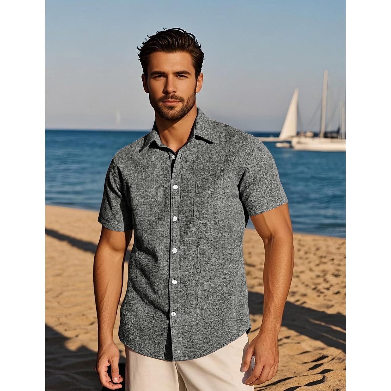 Parklees Mens Wrinkle Free Short Sleeve Button Down Shirts Texture Linen Shirts Casual Vacation Beach Summer Tops
