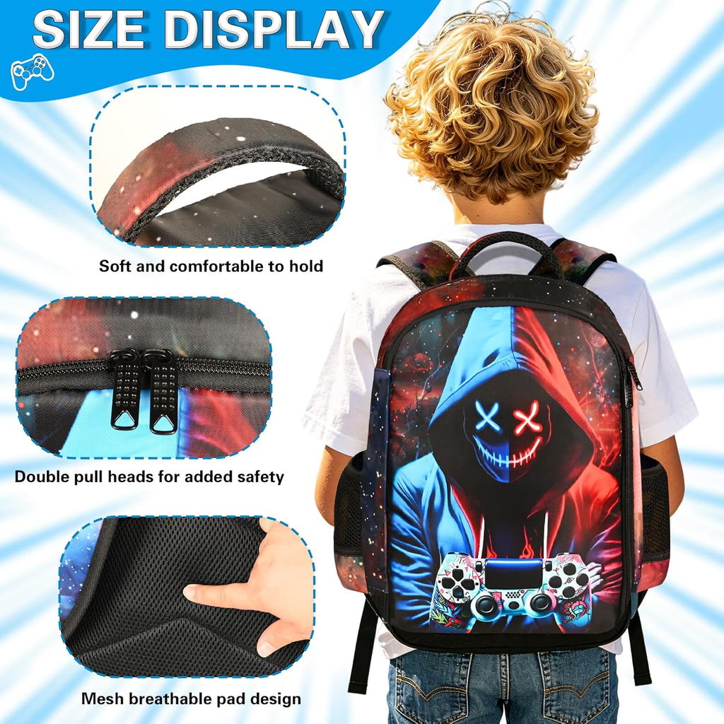 Boys Backpack With Lunch Box And Pencil Case, 3Pcs Gamer Backpack For Boys Teens, 17 Inch Large Capacity