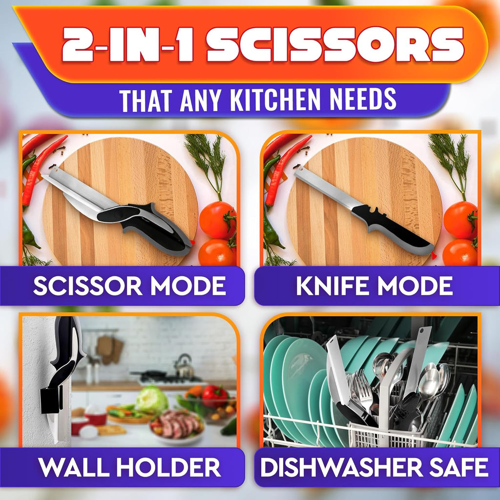 2 in 1 Kitchen Scissors for Food – Stainless Steel 9.5" Tomato Knife Chops Vegetables, Fruit, Cheese, Meat in Seconds | Dishwasher Safe Cutting Board Scissors with Safety Lock – Mess-Free Prep