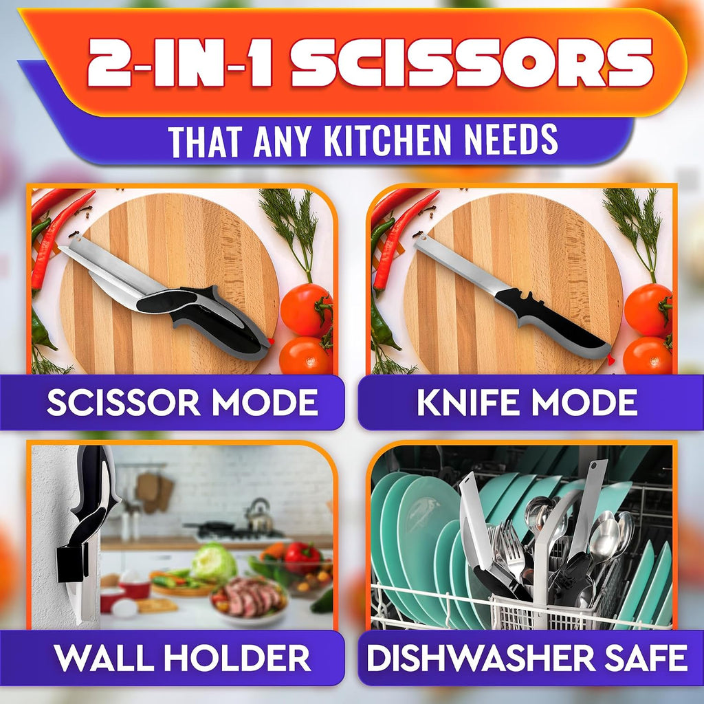2 In 1 Kitchen Scissors For Food With Cutting Board, Safety Lock | Stainless Steel Cutting Board Scissors For Veggies, Fruit & Cheese; 9.5" Detachable Blade; Dishwasher Safe Tomato Knife
