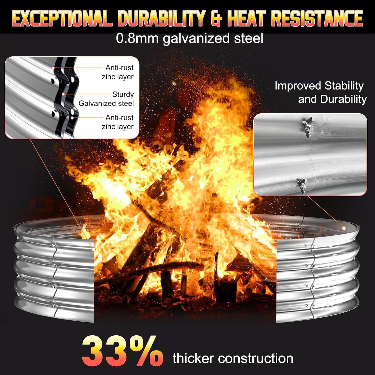 60 Inch Fire Pit Ring 5Ft Galvanized Steel, 12" Raised Heavy Duty Wood Burning Fire Pits&Outdoor Fireplace, Heat Resistant Campfire Ring With Spark Guard, For Outdoor Backyard, Patio & Camping Use