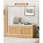 39.4" Fluted Shoe Storage Bench 2 Doors Wooden Entryway Bench Oak | 2 Tier Shoe Bench With Padded Cushion, Adjustable Shelves And 2 Doors, Curved Profile, For Hallway, Living Room, Bedroom