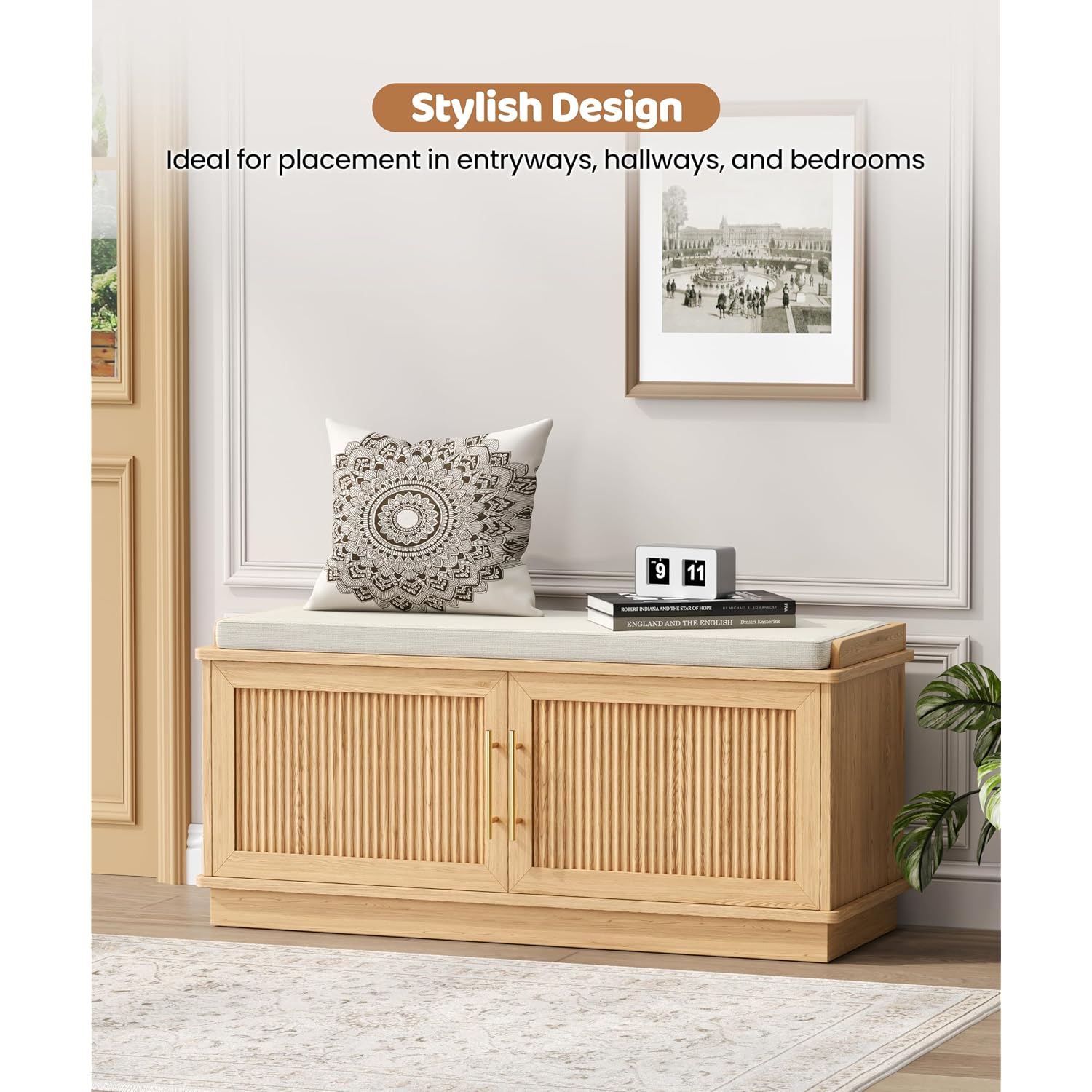 39.4" Fluted Shoe Storage Bench 2 Doors Wooden Entryway Bench Oak | 2 Tier Shoe Bench With Padded Cushion, Adjustable Shelves And 2 Doors, Curved Profile, For Hallway, Living Room, Bedroom