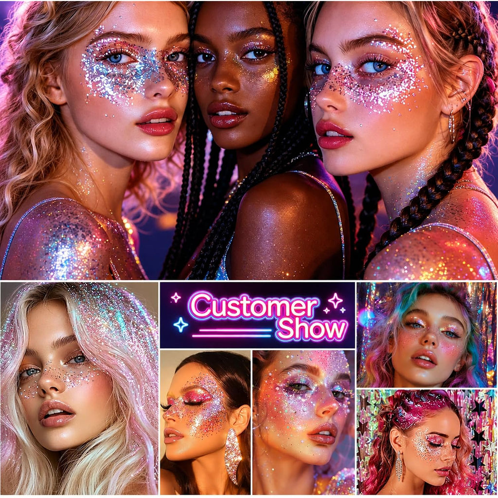 Pink Body Glitter Stick,Sparkling Face Hair Glitter Makeup For Women,Waterproof Hair Glitter,Holographic Mermaid Sequins Face Paint Gel Kit For Carnival Singer Concert Festival Rave Outfit Accessories