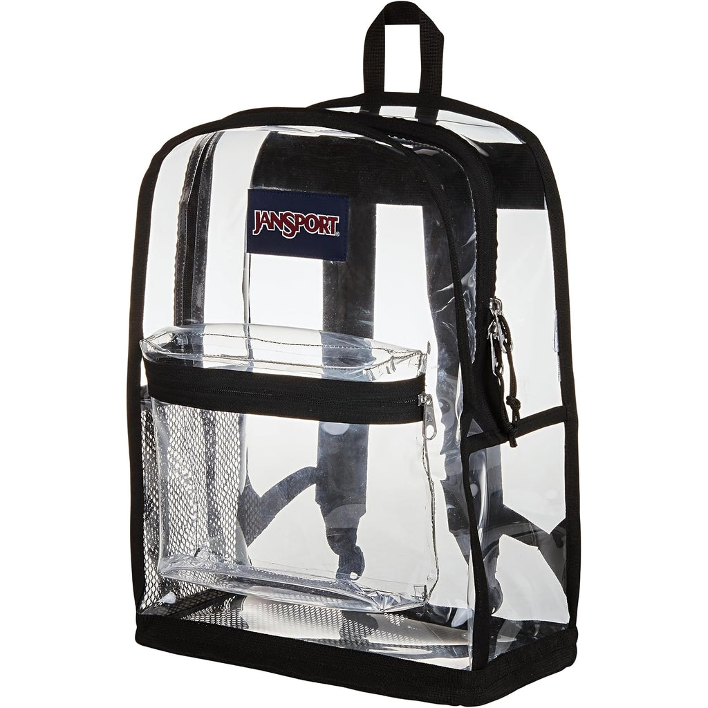 Jansport Clear Pack – 25.5L Transparent Backpack, Large Main Compartment, Side Water Bottle Pocket, Front Zippered Pocket, Mesh Bottom Panel, Clear