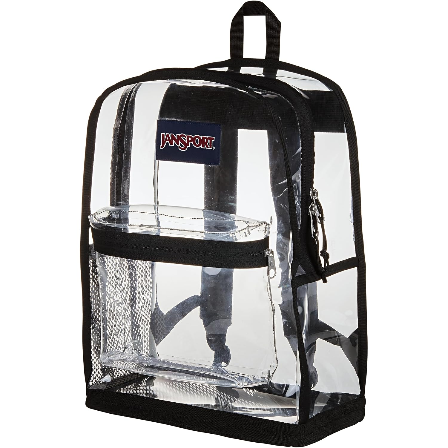 Jansport Clear Pack – 25.5L Transparent Backpack, Large Main Compartment, Side Water Bottle Pocket, Front Zippered Pocket, Mesh Bottom Panel, Clear