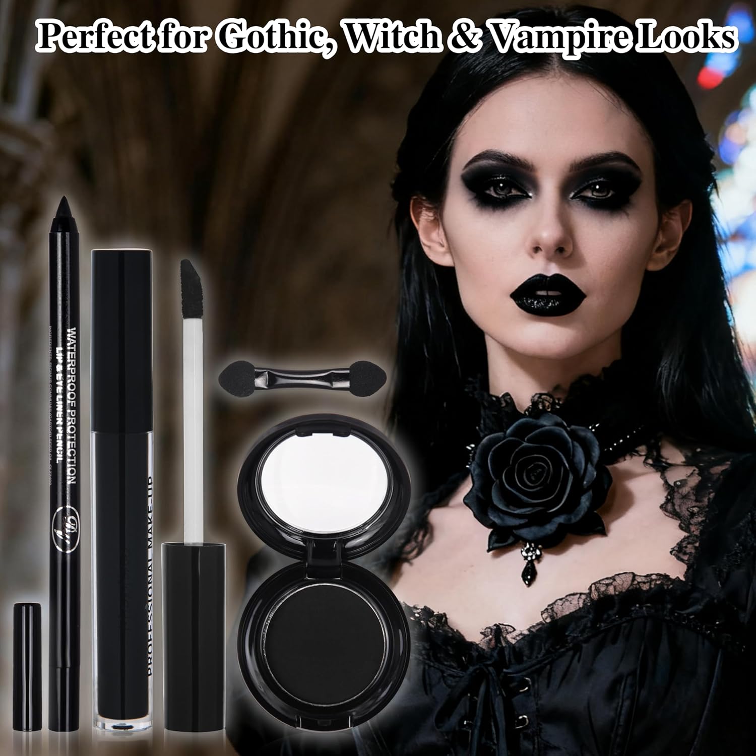 Black Eyeshadow Palette Liquid Lipstick Eyeliner Set with Mini Brush, Smokey Eye Shadow Black Lip Gloss lip liner Set, Smudge Proof Long-lasting, Suitable for Halloween Cosplay Goth Witch Makeup