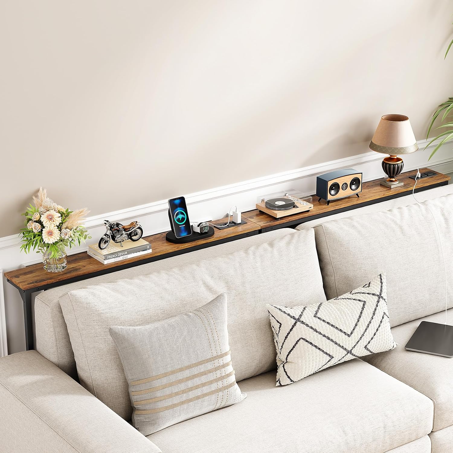 Kitstorack 2-Pack Narrow Console Table With Adjustable Height (25"-33") & 2 Power Outlets, Skinny Behind Couch Table, 78.8" Long X 5.9" Wide Sofa Side Table For Living Room, Rustic Brown
