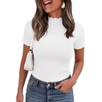 Short Sleeve T Shirts for Women Summer Clothes 2026 Casual Spring Tops Ruffle Mock Neck Ribbed Fitted Basic Tees