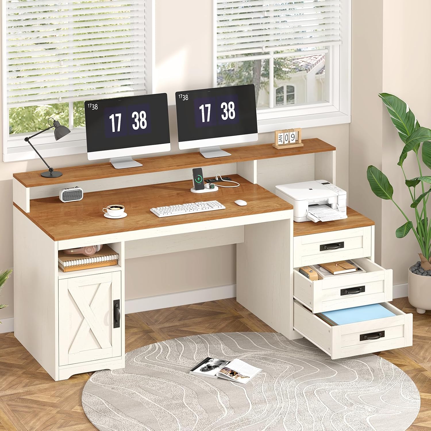 Tvu Farmhouse Computer Desk With Drawers, 65'' Home Office Desk With Power Outlets, Storage Cabinet And Printer Stand, Study Writing Desks With Long Monitor Stand, Brown And White