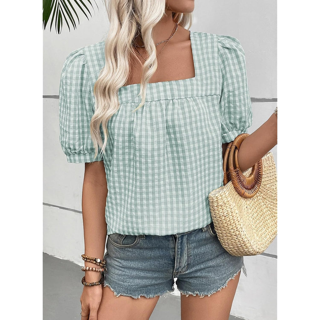 Evaless Tops For Women Short Sleeve Tunic Blouse Square Neck Gingham Tops Cotton Blend Plaid Shirt Cute Checkered Shirt
