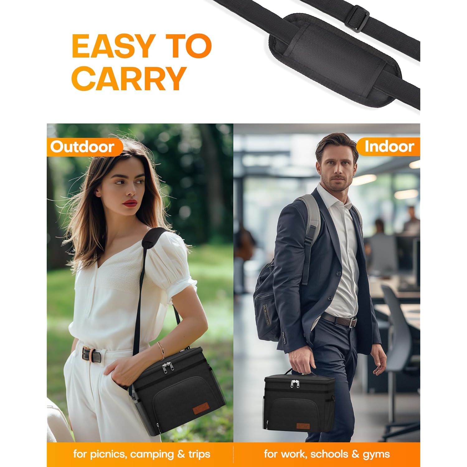 HOTOR Insulated Lunch Box for Men & Women - Leak-Proof Cooler Lunch Bag with 4 Pockets, Adjustable Strap, Ideal for Work, Picnic, Travel - Medium, Black, 10.2"×6.9"×8.5"
