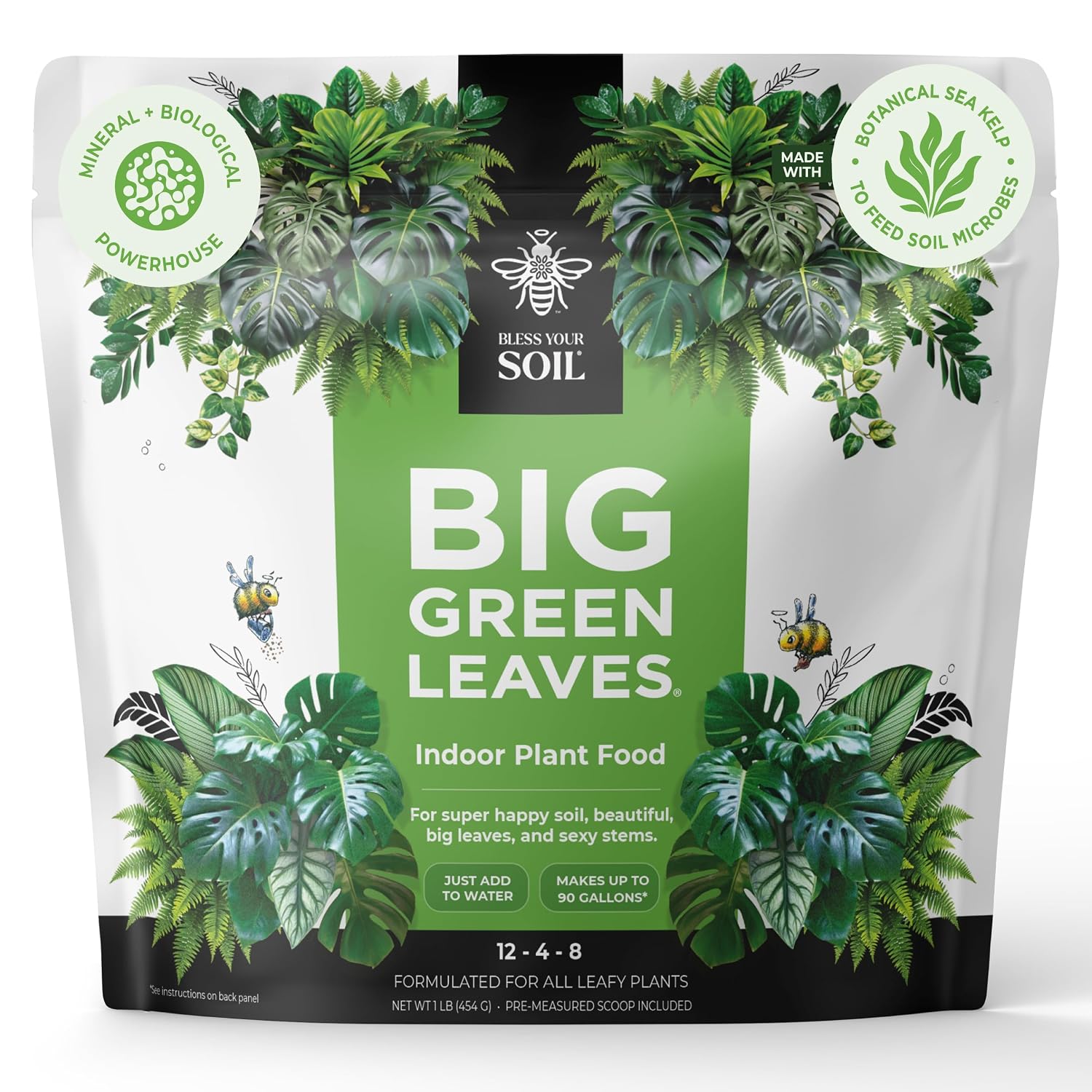 Big Green Leaves Indoor Plant Food – 4X Concentrated Fertilizer, 1 Lb | Fast-Acting Mineral + Organic Sea Kelp Formula. Makes 90 Gallons Of Liquid Fertilizer For Thriving Houseplants.