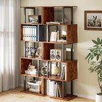 Furologee 6 Tier Bookshelf, Tall S Shaped Geometric Bookcase, Modern Display Shelf Standing Unit, Wood Metal Decorative Divider Rack For Living Room Bedroom Office, Rustic Brown