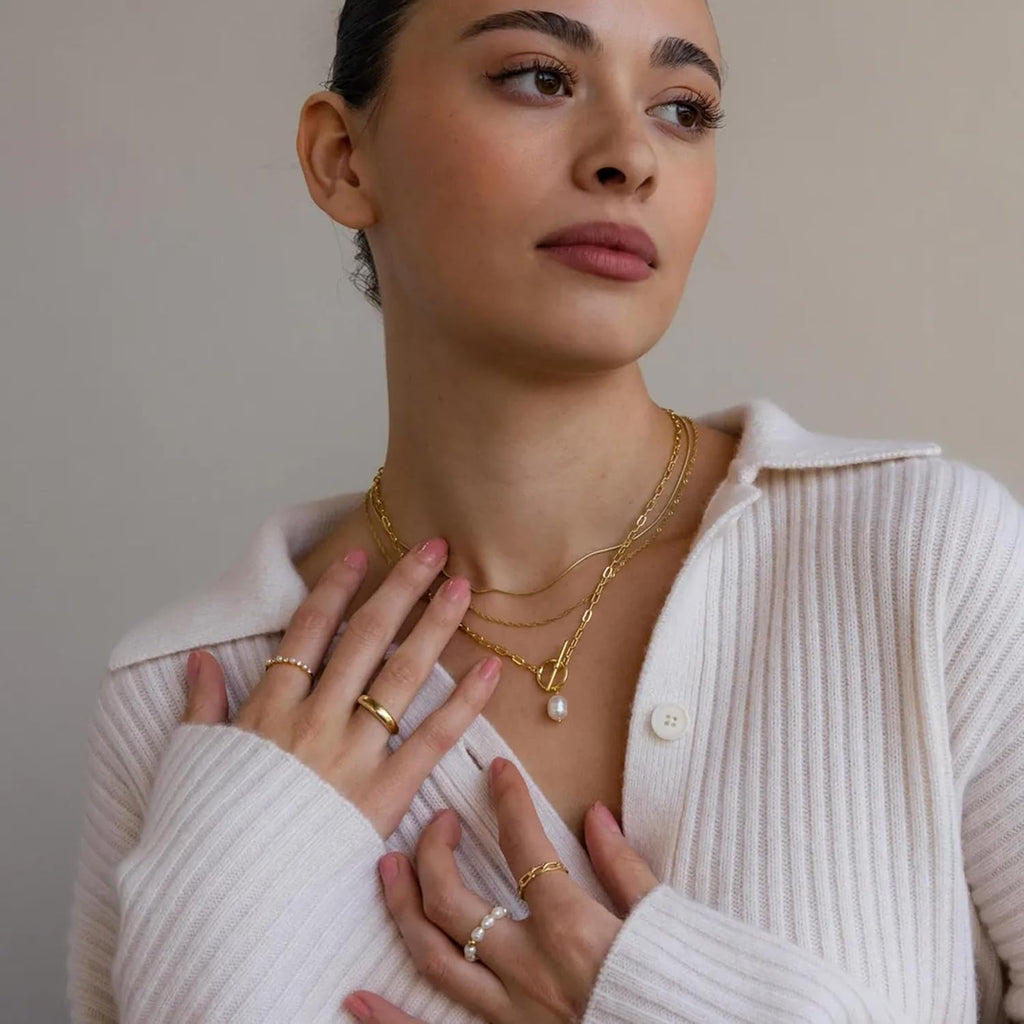 Layered Gold Necklaces for Women, Dainty 14K Gold Plated Cute Pearl Pendant Necklace Jewelry Set Stackable Toggle Chain Choker Collar, Trendy Waterproof Non Tarnish Jewelry Gift