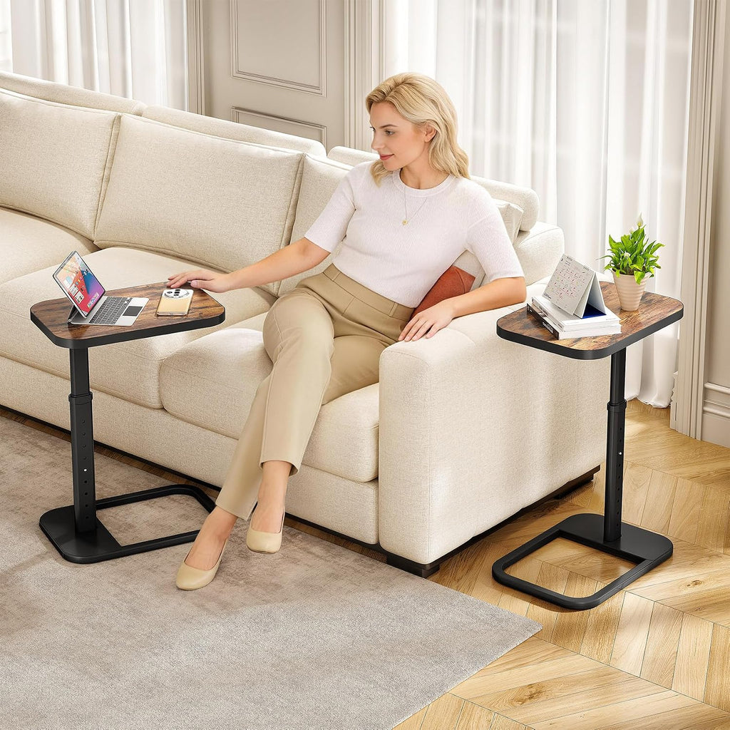 Kitstorack Adjustable Height C-Shaped End Table, 9-Level Side Table With Thickened Metal Rounded Edge, Couch Table Slides Under Sofa Or Bed, Eating, Working, Tv Tray Table For Small Spaces, Brown