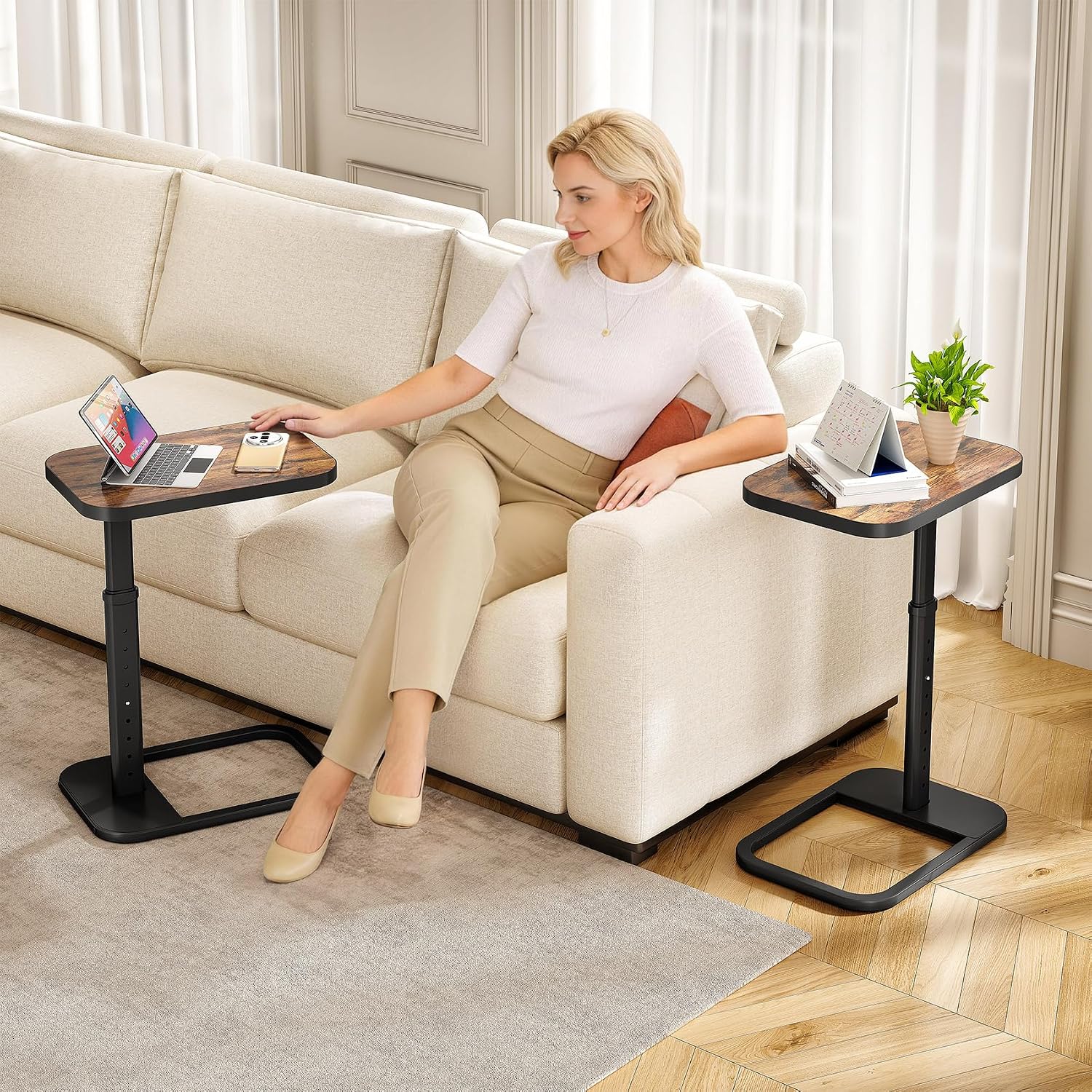 Kitstorack Adjustable Height C-Shaped End Table, 9-Level Side Table With Thickened Metal Rounded Edge, Couch Table Slides Under Sofa Or Bed, Eating, Working, Tv Tray Table For Small Spaces, Brown