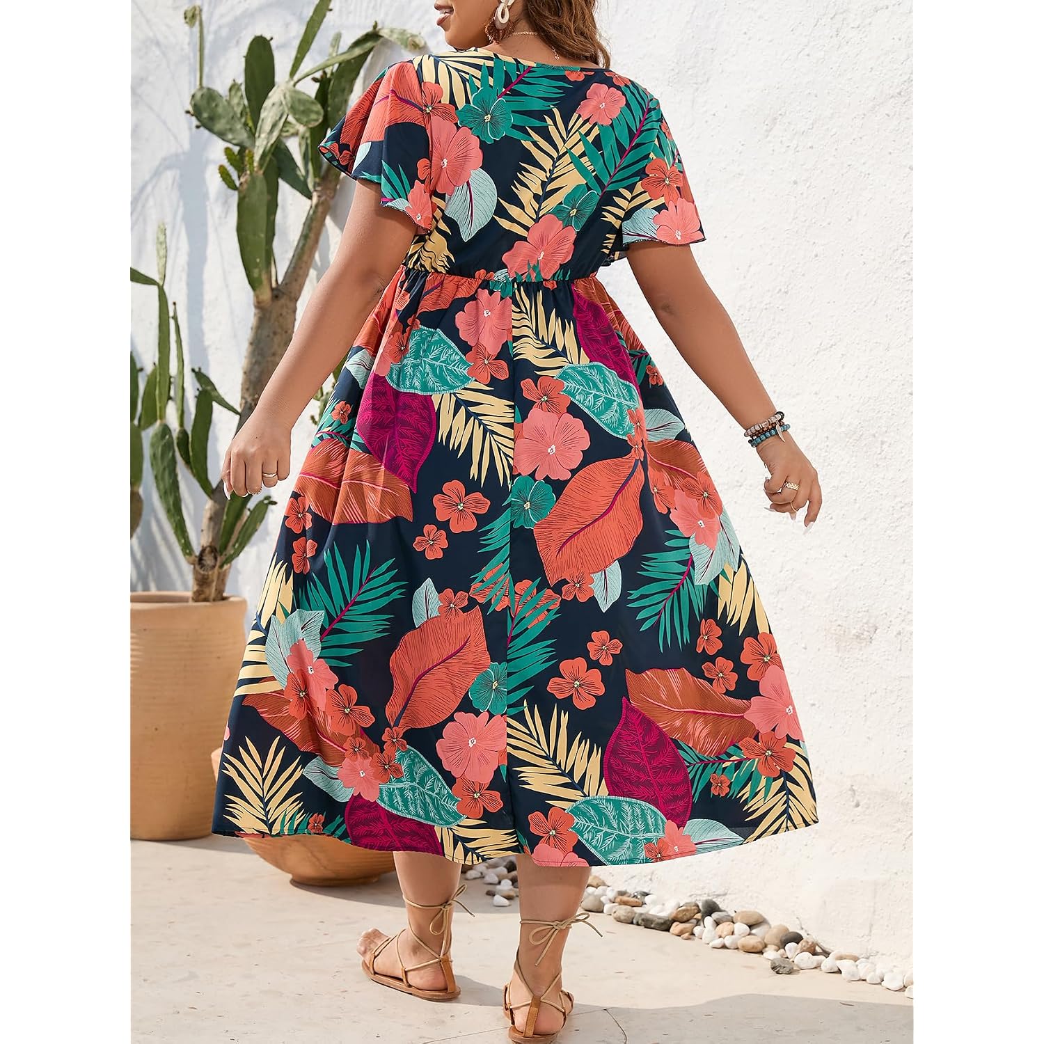 Floerns Women'S Plus Size Boho Hawaiian Tropical Dresses V Neck Short Sleeve Floral A Line Long Dress Vacation Beach Outfits