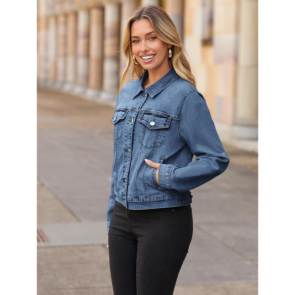 Glamaker Womens Jean Jacket 2026 Basic Trendy Long Sleeve Denim Jackets Button Down Fitted Western Coat With Pockets
