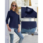 Polo Shirts for Women 3/4 Sleeve Tops Golf Tees 5-Button Collared Cotton Shirt Business Casual