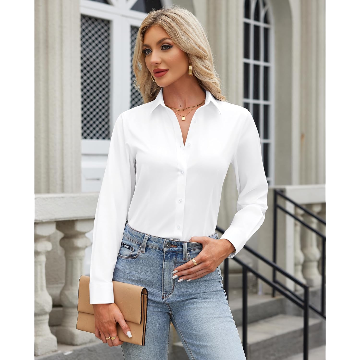 Button Down Shirts for Women: Wrinkle Free Long Sleeve Classic Fit Collared Dress Shirt Solid Formal Office
