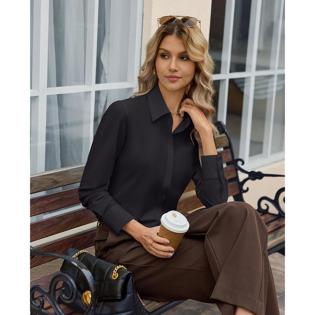 Siliteelon Womens Stretch Button Down Shirt Fitted Dress Shirt Collared Long Sleeve Wrinkle Free Business Casual Blouse Top