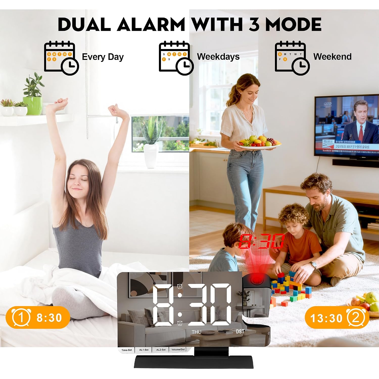 Digital Clock,Alarm Clock Bedside With Projection,7.3" Mirror Clock With 180°Rotating Projector,Dual Alarm With 3 Mode,Brightnee Adjust,Dst,Snooze,Charging Port,5 Levels Volume For Desk Teens