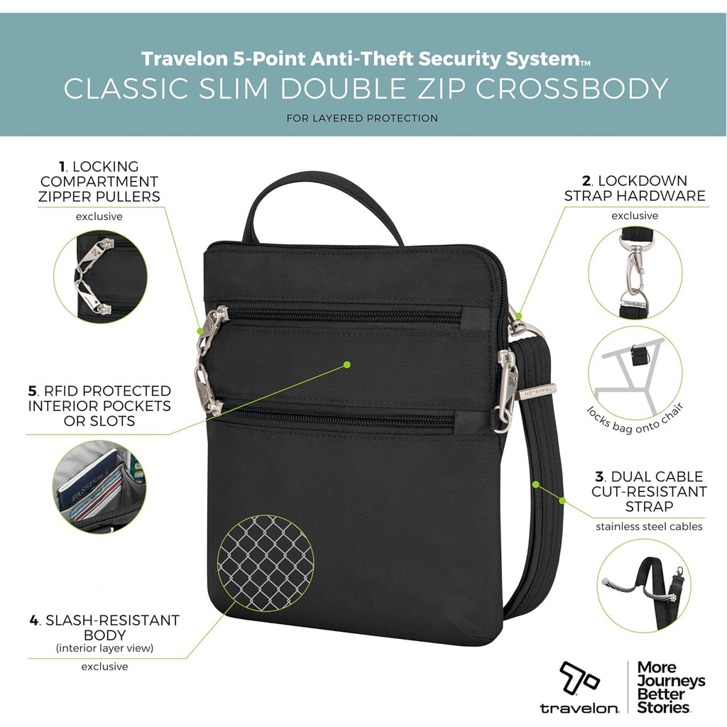 Travelon Anti-theft Classic Slim Double Zip Crossbody