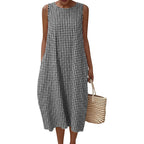 Lomon Summer Dresses For Women Cotton Casual Maxi Dress Beach Vacation Long Sundresses Plaid Striped With Pockets