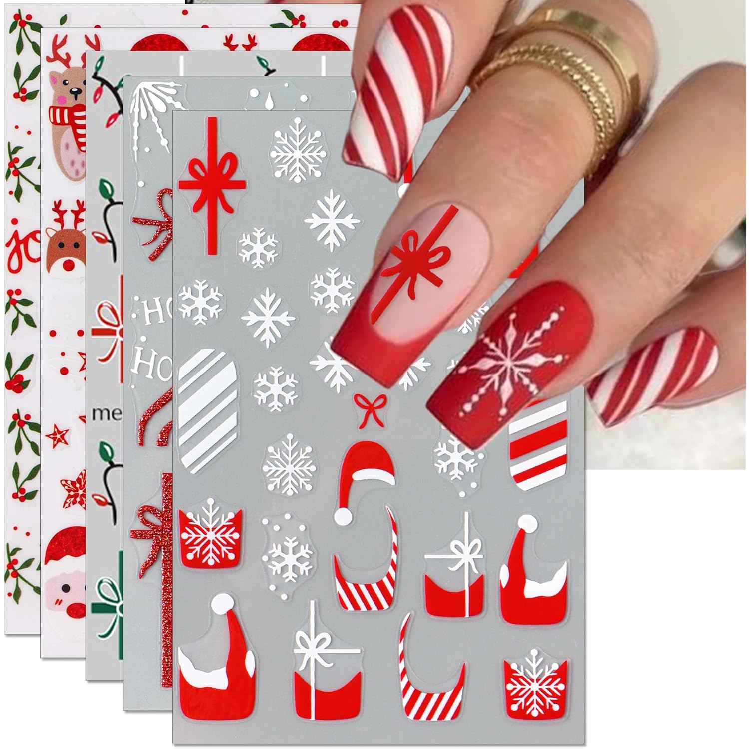 IDDFEVE Christmas Gift Bow Nail Art Stickers, Santa Hat Elk Snowflake Design, 3D Self-Adhesive Glitter French Nail Tip Winter Holiday Nail Decals for Women (5 Sheets)