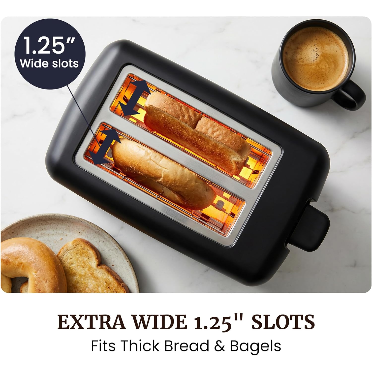 Elite Gourmet 2-Slice Cool Touch Toaster – 6 Browning Levels, Extra Wide 1.25” Slots for Bagels & Thick Bread, Cancel Function, Compact, ETL Certified, Black