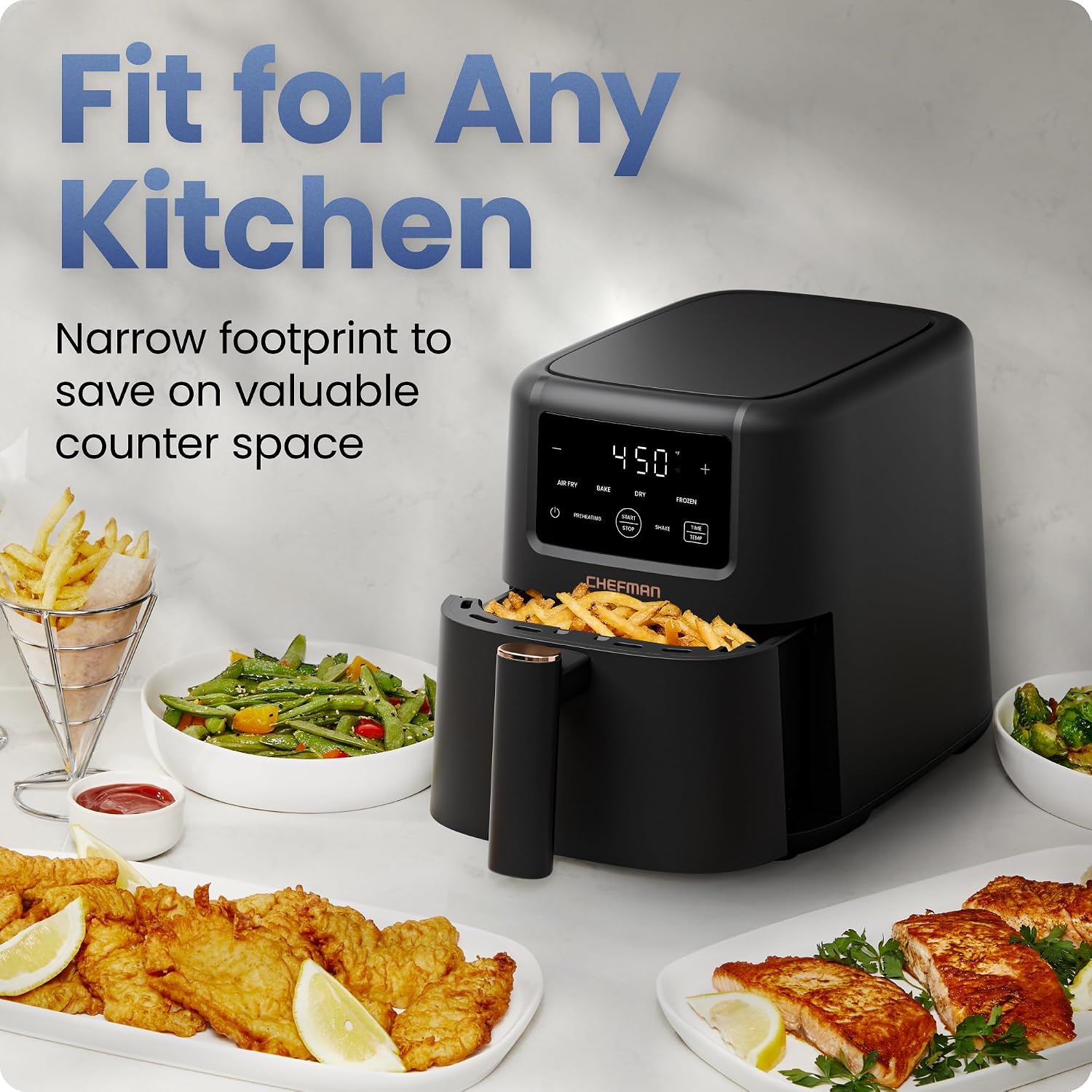 Chefman Air Fryer – 4-In-1 Slim 3.5 Qt Airfryer, Air Fry, Bake, Dehydrate, Frozen, 450°F Max Temp For Extra Crispy Results In Minutes, Nonstick Ceramic Coating, Dishwasher-Safe Accessories - Black