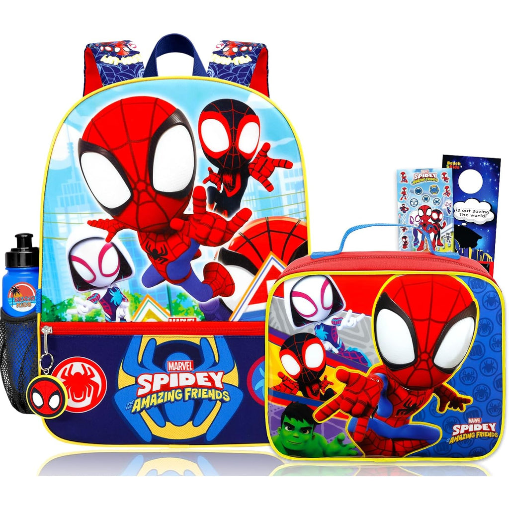 Spidey And Friends Backpack With Lunchbox Set For Boys School Bundle, More | 16In Large Durable Spidey Bookbag W/ Insulated Lunch Box Plus Bottle, Stickers, More - Spidey And Friends School Supplies