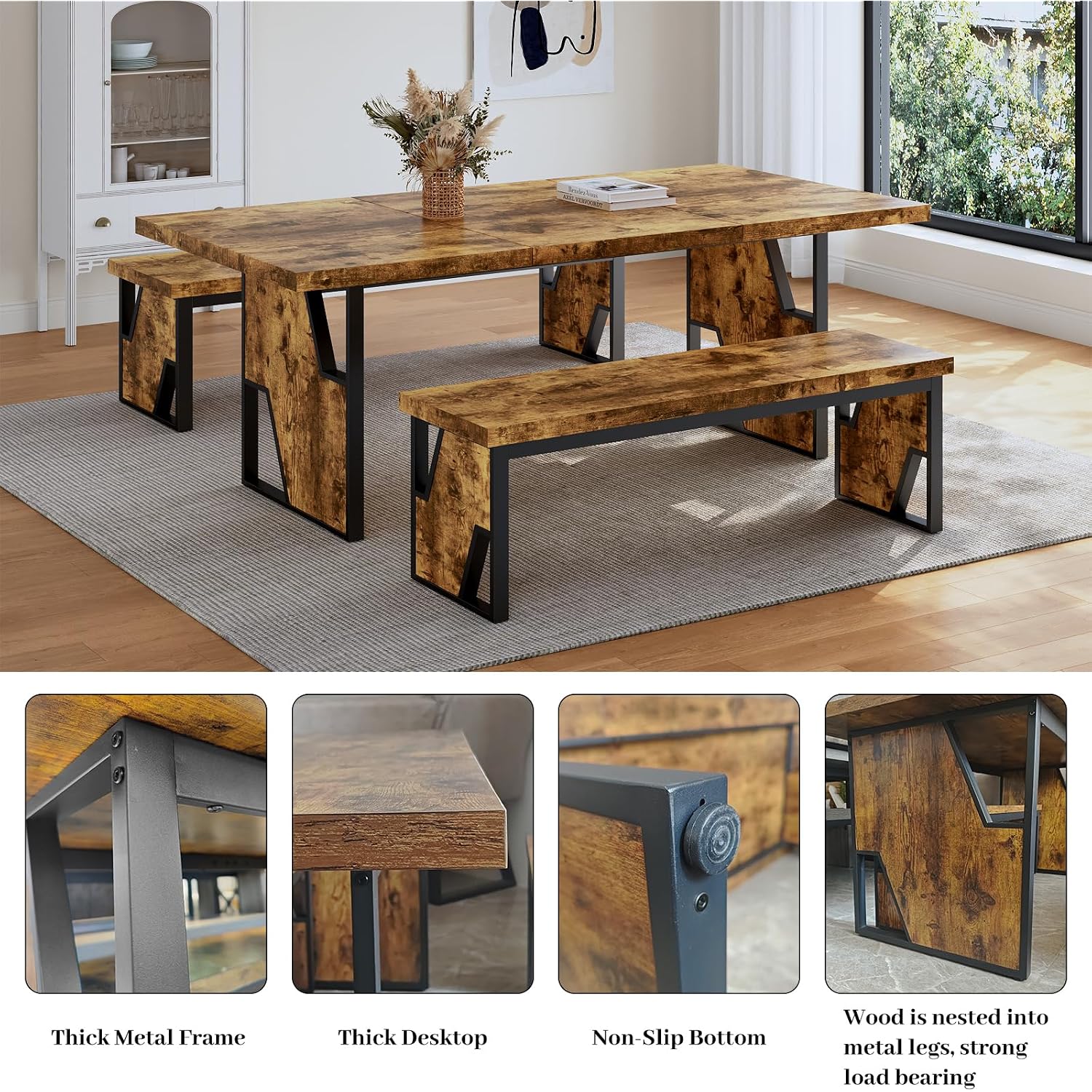 70.8" Wooden Dining Table With 2 Benches, Modern Kitchen Table And Chairs Set For 4-6 Person, Thickened Mdf Wooden Table With Dining Bench For Living Dining Room, Kitchen, Office