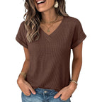 Anrabess Womens Waffle Knit Tops 2026 Summer Casual Short Sleeve V Neck T Shirts Basic Work Tee Spring Vacation Blouses
