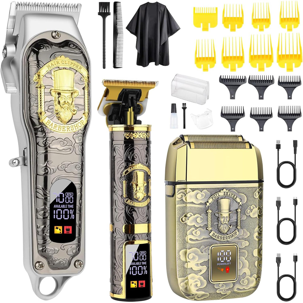 Hiena Pro Professional Hair Clipper Set For Men, Rechargeable Cordless Clippers And Trimmers Set, Electric Foil Shavers And Beard Trimmers, Hair Cutting Tools With Led Display, Gifts For Men