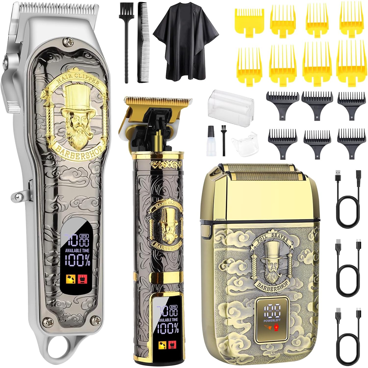 Hiena Pro Professional Hair Clipper Set For Men, Rechargeable Cordless Clippers And Trimmers Set, Electric Foil Shavers And Beard Trimmers, Hair Cutting Tools With Led Display, Gifts For Men