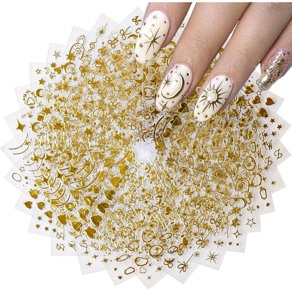 30 Sheets Gold Nail Sticker Star Moon Heart Nail Art Stickers Cute Knot Bow Design 3D Self-Adhesive Nail Decals for Women Girls DIY Nail Art Decoration Accessories