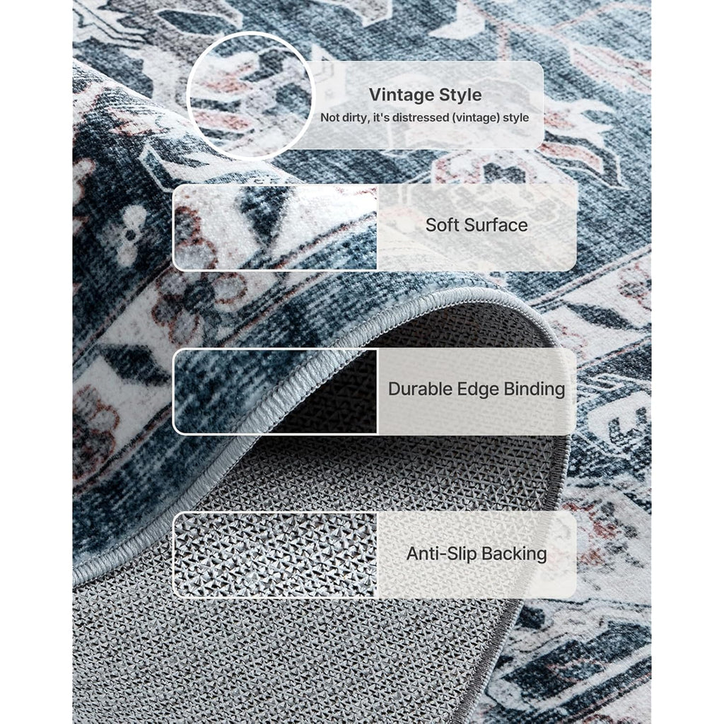 AMADA HOMEFURNISHING 8x10 Washable Area Rug, Low-Profile with Non-Slip Backing & Durable Edge Binding, Vintage Large Rugs for Living Room, Bedroom, Dining Room, Blue