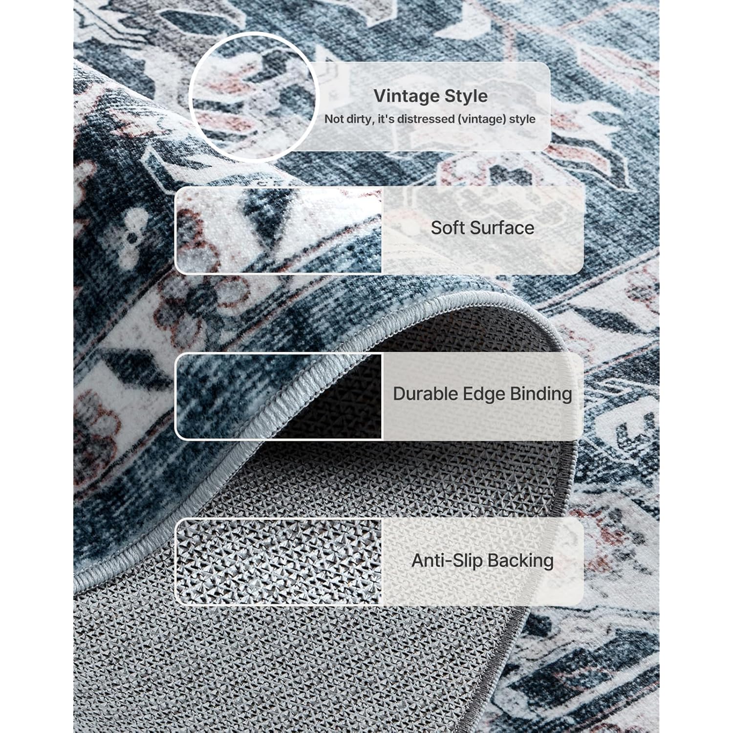AMADA HOMEFURNISHING 8x10 Washable Area Rug, Low-Profile with Non-Slip Backing & Durable Edge Binding, Vintage Large Rugs for Living Room, Bedroom, Dining Room, Blue