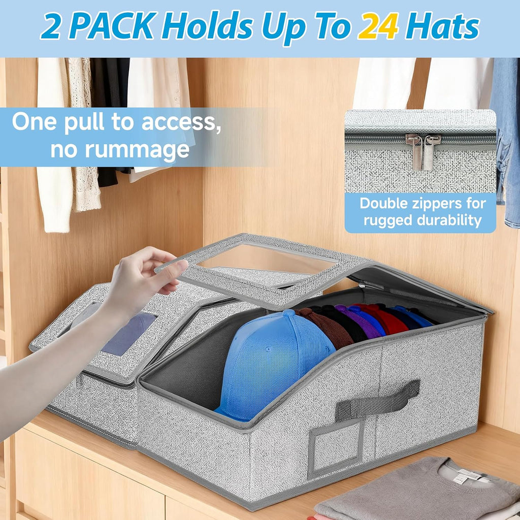Hat Storage For Baseball Caps,2 Pcs Stackable Hat Storage Boxes Holds Up To 24 Caps Hat Organizer For Closet, Sturdy Snapback Hat Boxes For Women&Men With Clear Window For Closet, Grey