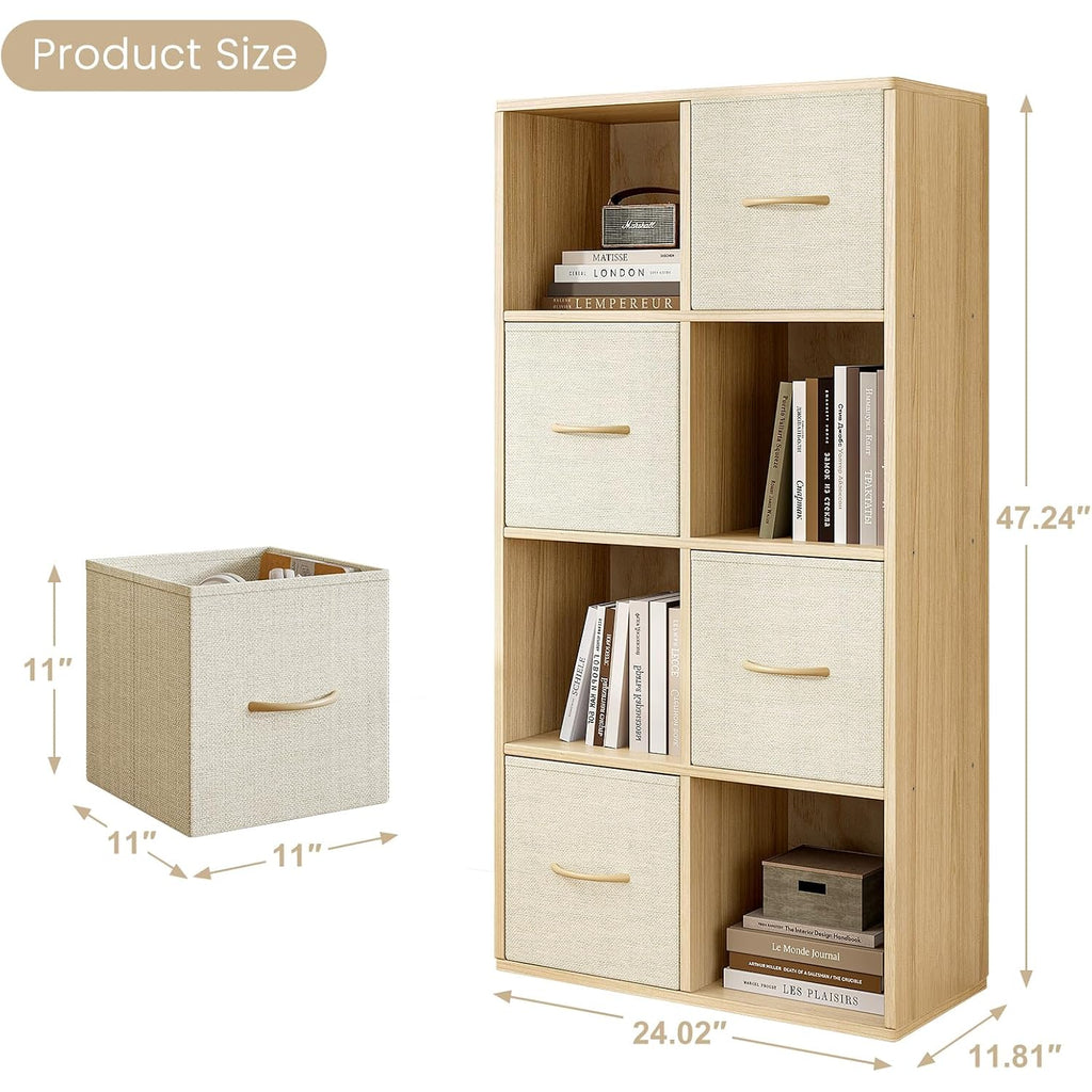 8 Cube Storage Organizer - Solid Wood Bookshelf With 4 Storage Bins, Cube Shelf With 2 Removable Back Panels, Vertical Or Horizontal Bookcase, Open Book Shelf For Bedroom, Living Room, Office