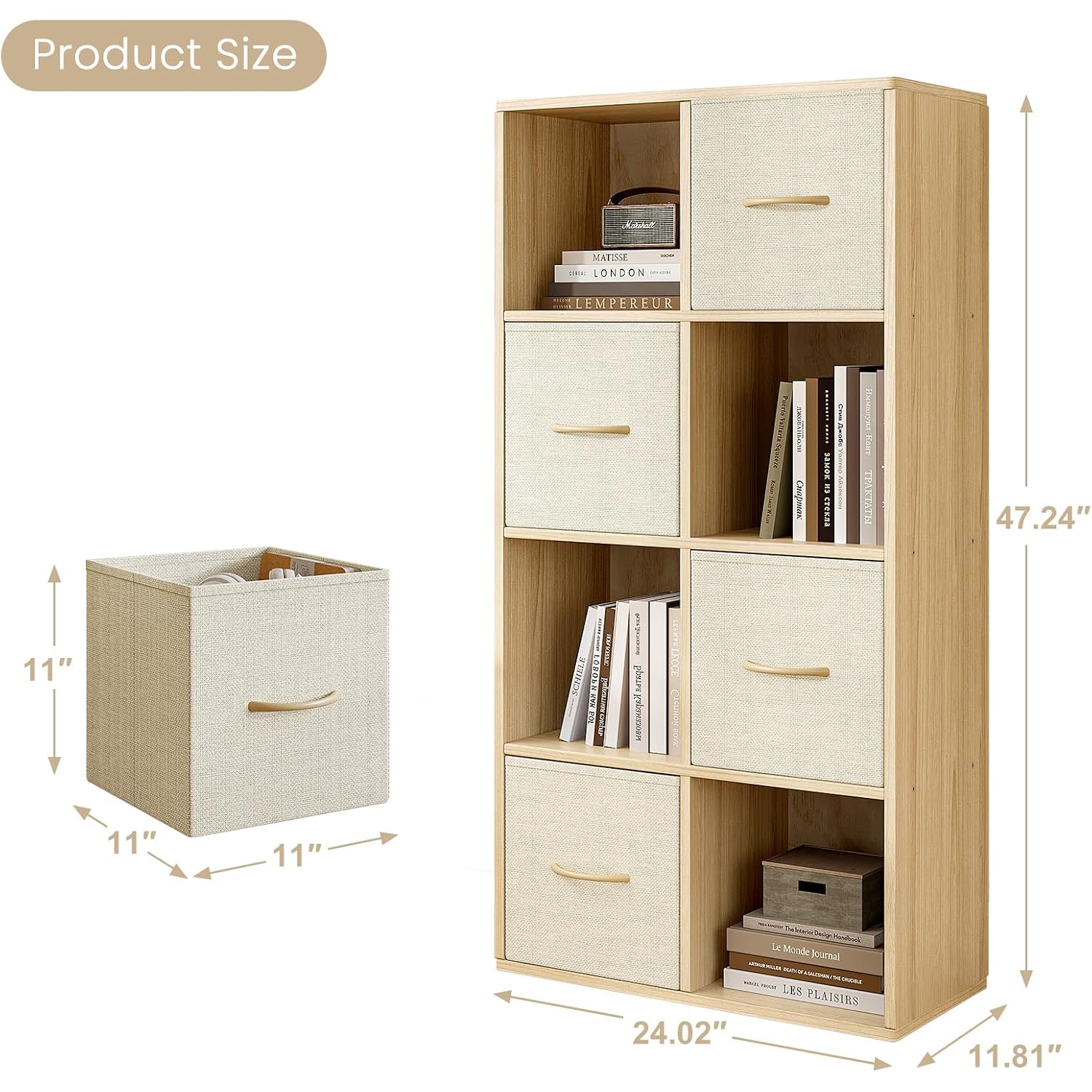 8 Cube Storage Organizer - Solid Wood Bookshelf With 4 Storage Bins, Cube Shelf With 2 Removable Back Panels, Vertical Or Horizontal Bookcase, Open Book Shelf For Bedroom, Living Room, Office
