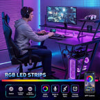 Korfile 40 Inch Gaming Desk With Led Lights & Power Outlet, L Shaped Computer Gaming Table With Storage Shelves, Reversible Corner Desk With Monitor Stand For Home Office, Carbon Fiber Black