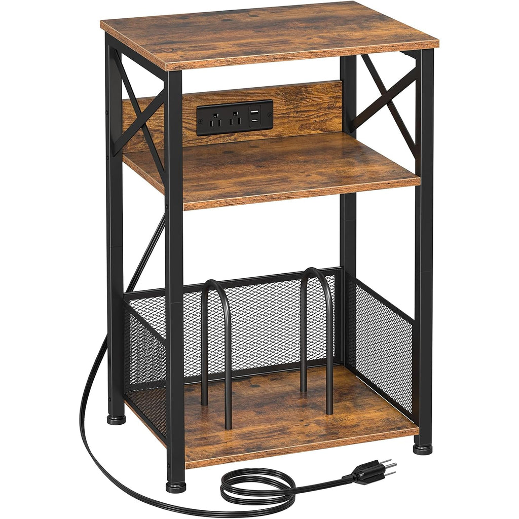 Amhancible Record Player Stand With Charging Station, Turntable Stand With Storage Cabinet, 3 Tier End Table Hold Up To 100 Albums, Record Table For Vinyl, Living Room, Rustic Brown, Hetcd01Br-1