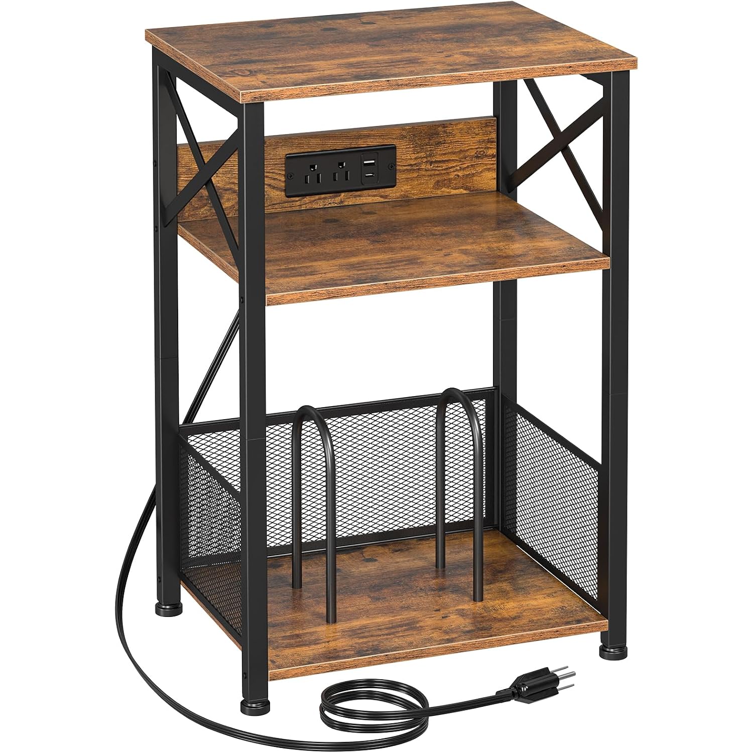 Amhancible Record Player Stand With Charging Station, Turntable Stand With Storage Cabinet, 3 Tier End Table Hold Up To 100 Albums, Record Table For Vinyl, Living Room, Rustic Brown, Hetcd01Br-1