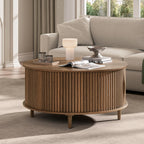 Joinice 31.5" Round Coffee Table With Storage For Living Room, Walnut | Hidden Storage,Fluted Sliding Door,Mid Century Furniture For Small Apartments,Solid Wood Legs,Easy Assembly,Up To 110 Lbs