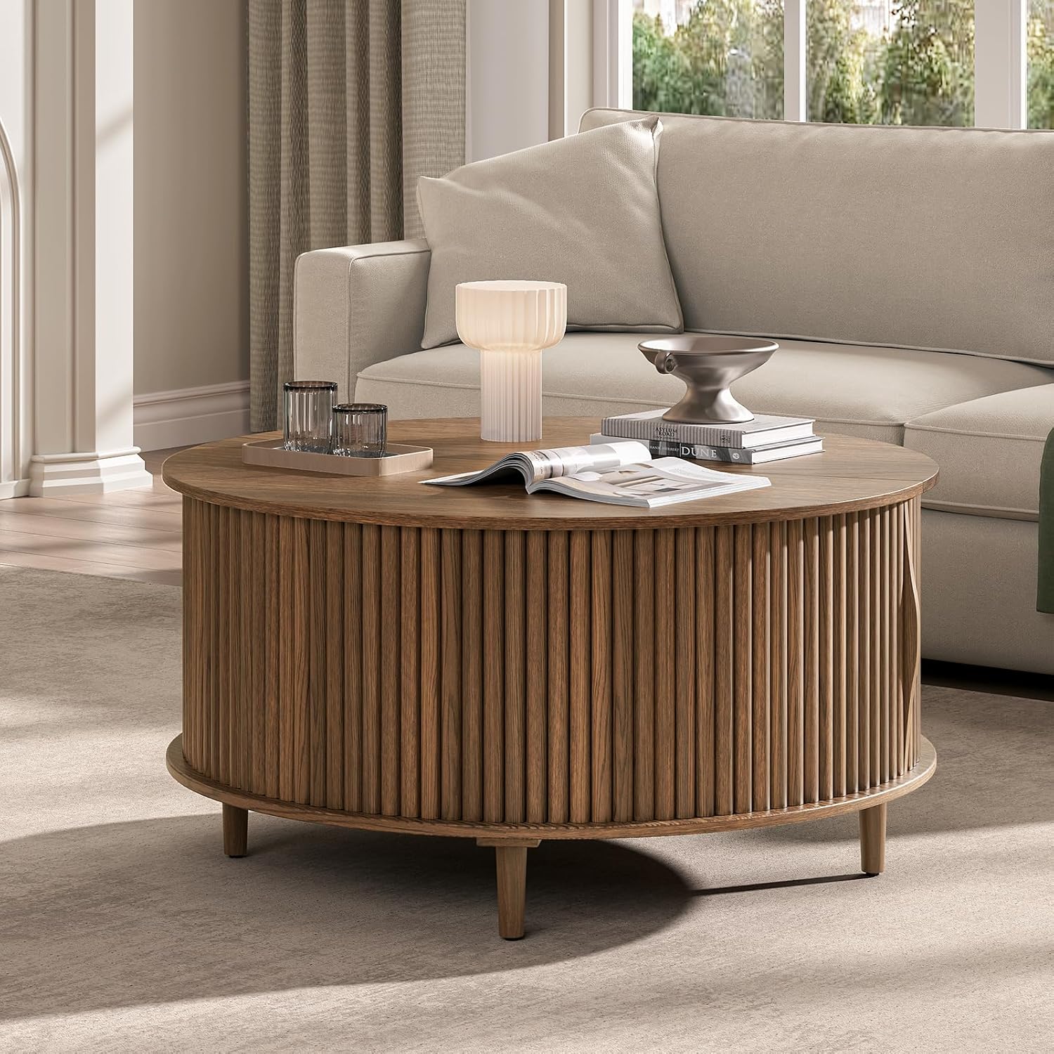 Joinice 31.5" Round Coffee Table With Storage For Living Room, Walnut | Hidden Storage,Fluted Sliding Door,Mid Century Furniture For Small Apartments,Solid Wood Legs,Easy Assembly,Up To 110 Lbs